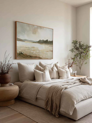 Cozy living room with vintage landscape canvas painting on the wall. | NodusArt