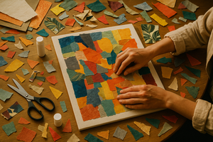 An artist is creating a collage artwork using paper materials.