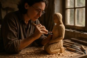An artist is creating a wooden sculpture.