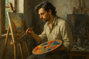 An artist is creating an oil painting.