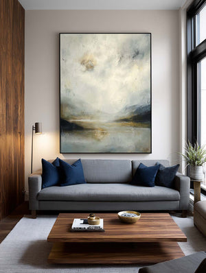 Large Neutral Landscape Oil Painting Minimalist Beige And Gray Lake Canvas Wall Art Original Abstract Lake Wall Art
