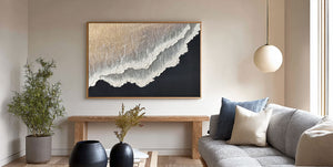Modern living room with abstract canvas art.