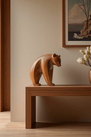 Abstract Wooden Bear Sculpture Handcarved Modern Animal Wood Sculpture