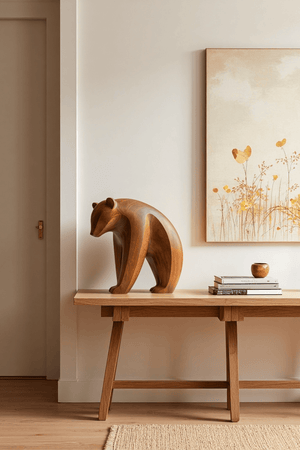 Abstract Wooden Bear Sculpture Handcarved Modern Animal Wood Sculpture