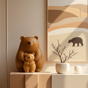 Abstract Wooden Bear Sculpture Handcarved Modern Animal Wood Sculpture