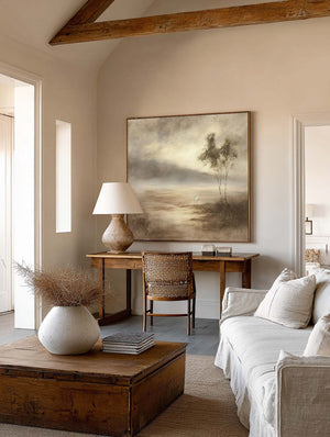 Large Neutral Landscape Oil Painting With White Cranes Minimalist Beige And Brown Canvas Wall Art Modern Neutral Landscape Canvas Wall Art