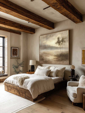 Large Neutral Landscape Oil Painting With White Cranes Minimalist Beige And Brown Canvas Wall Art Modern Neutral Landscape Canvas Wall Art