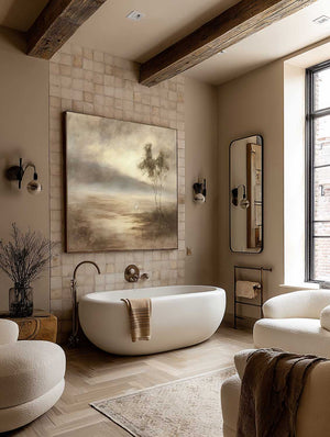 Large Neutral Landscape Oil Painting With White Cranes Minimalist Beige And Brown Canvas Wall Art Modern Neutral Landscape Canvas Wall Art