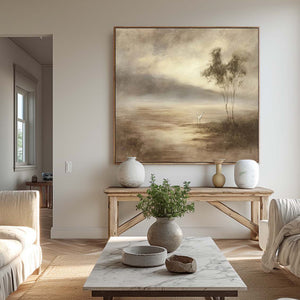 Large Neutral Landscape Oil Painting With White Cranes Minimalist Beige And Brown Canvas Wall Art Modern Neutral Landscape Canvas Wall Art