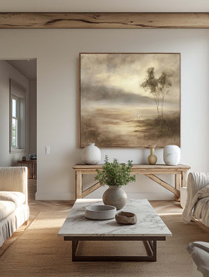 Large Neutral Landscape Oil Painting With White Cranes Minimalist Beige And Brown Canvas Wall Art Modern Neutral Landscape Canvas Wall Art