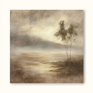 Large Neutral Landscape Oil Painting With White Cranes Minimalist Beige And Brown Canvas Wall Art Modern Neutral Landscape Canvas Wall Art