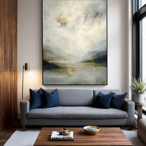 Large Neutral Landscape Oil Painting Minimalist Beige And Gray Lake Canvas Wall Art Original Abstract Lake Wall Art