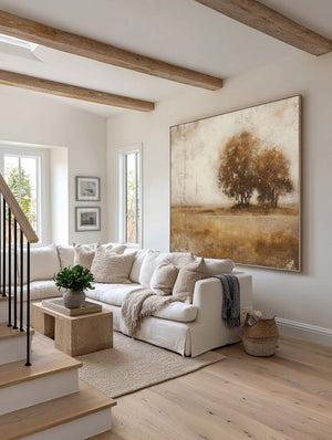 Large Modern Neutral Landscape Oil Painting Neutral Beige And Brown Autumn Tree Oil Painting Beige And Brown Landscape Wall Art