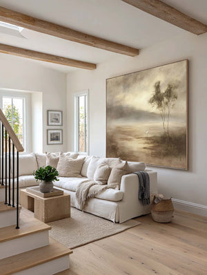 Large Neutral Landscape Oil Painting With White Cranes Minimalist Beige And Brown Canvas Wall Art Modern Neutral Landscape Canvas Wall Art